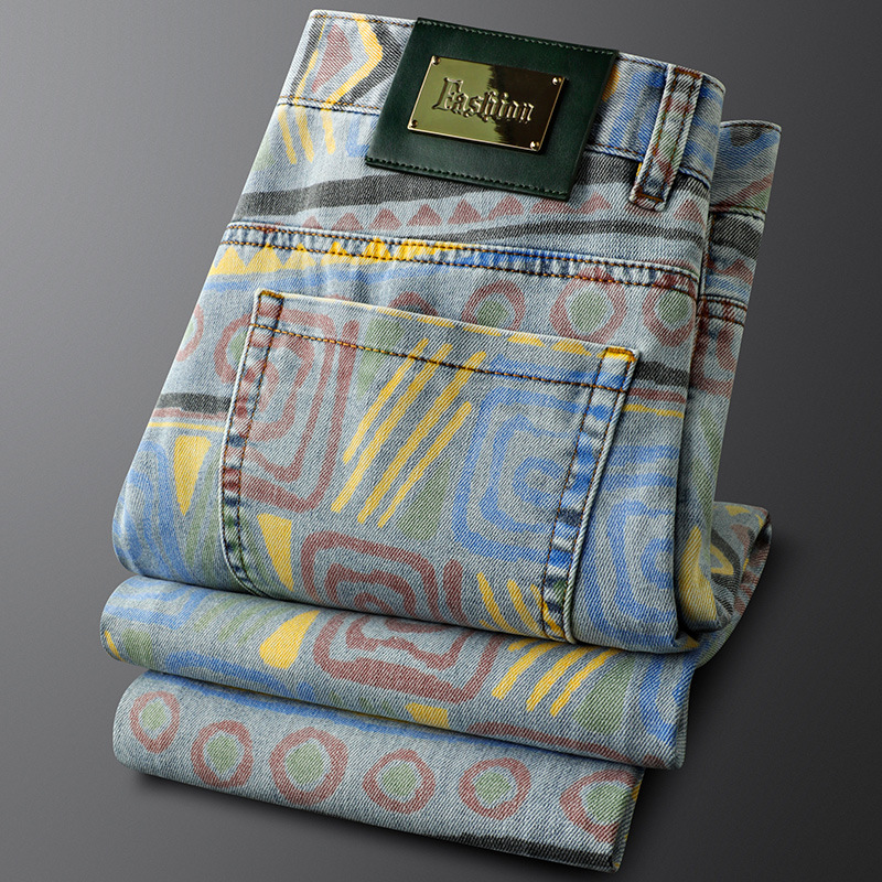 Comfortable men's patterned denim jeans, PRISM style. Washed retro look with unique custom dyed tribal patterns.