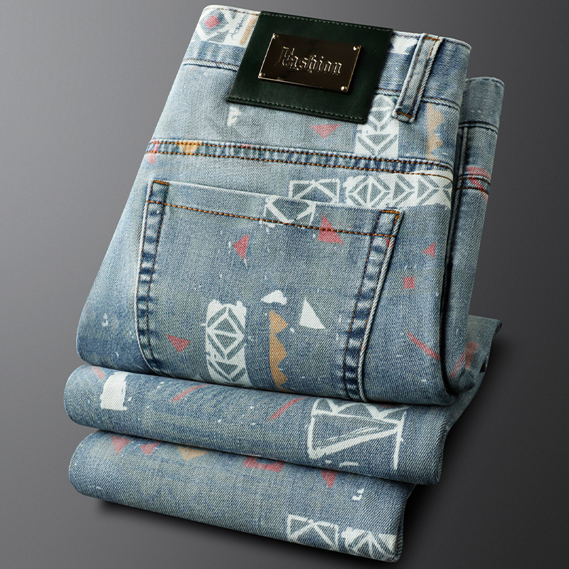Unique men's PRISM DENIM Jeans, custom dyed with a bold tribal pattern. Retro washed denim for a distinctive look.