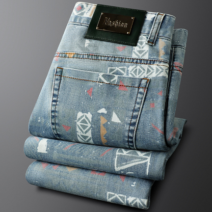 Unique men's PRISM DENIM Jeans, custom dyed with a bold tribal pattern. Retro washed denim for a distinctive look.