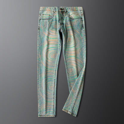 Fashion-forward men's patterned PRISM DENIM Jeans. Custom dyed tribal print on comfortable washed denim.