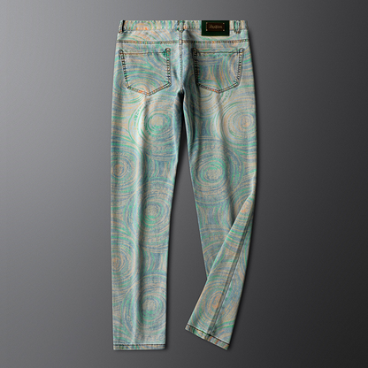 Men's patterned PRISM DENIM Jeans. Custom dyed tribal design on retro washed denim, comfortable and unique.