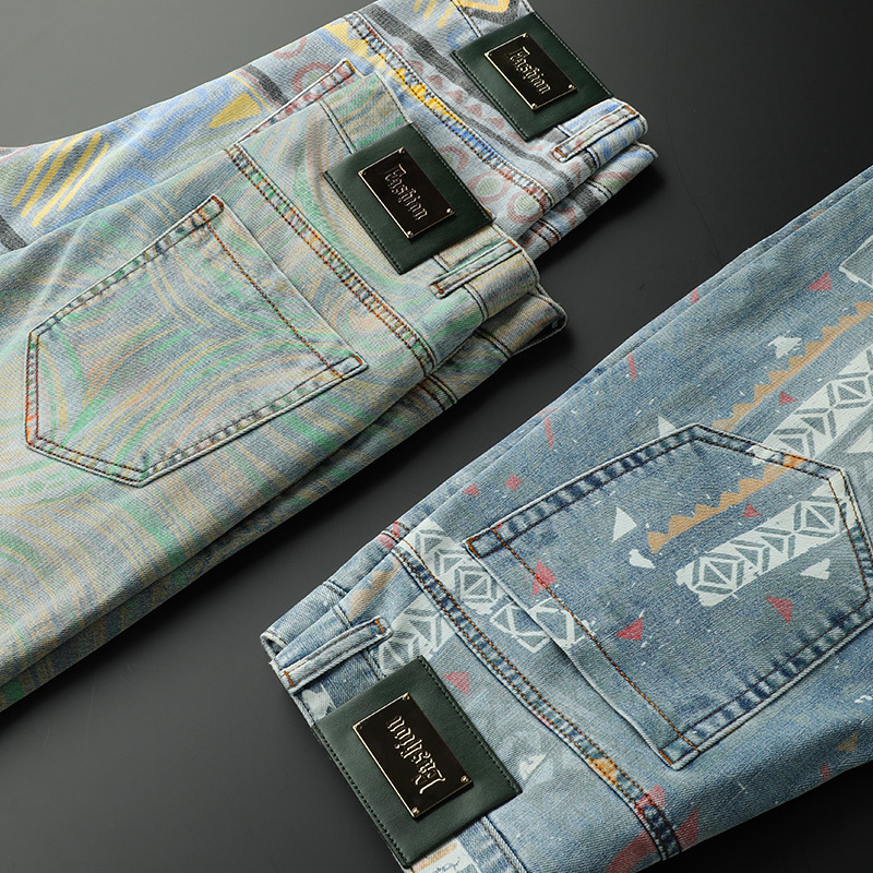Statement men's PRISM DENIM Jeans. Comfortable, custom dyed, patterned denim with a retro tribal wash.