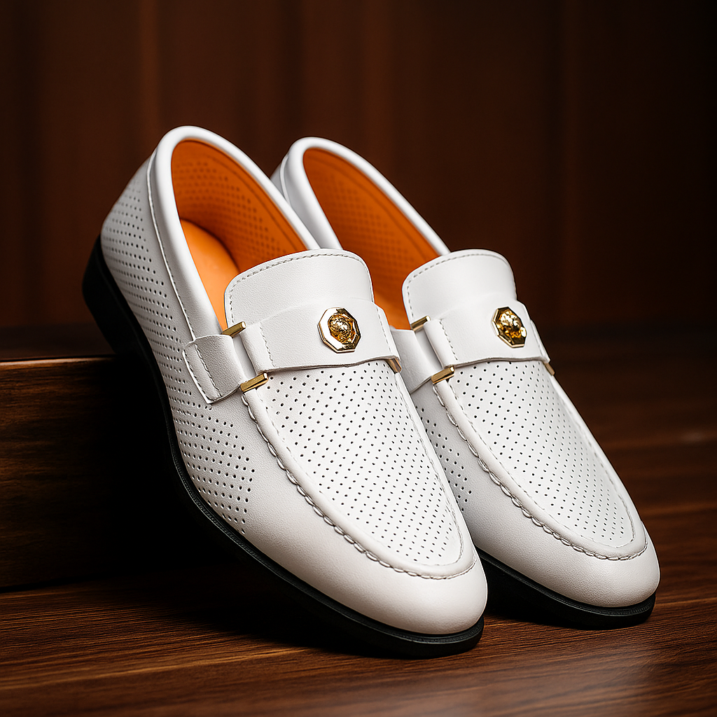 Elegant blue men's perforated loafers, offering breathable comfort & a refined slip-on casual style.