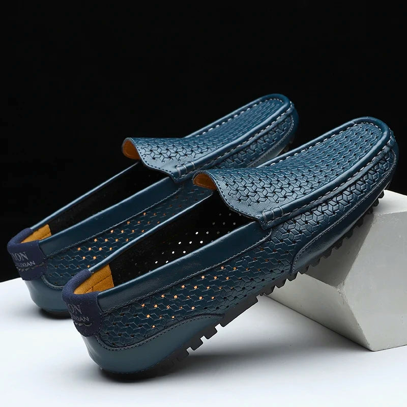 Blue men's perforated slip-on loafers, comfortable and stylish for spring & summer outfits.