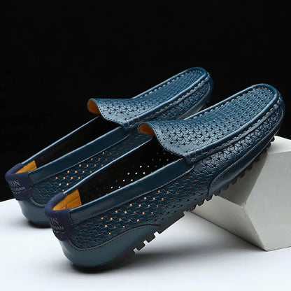 Blue men's perforated slip-on loafers, comfortable and stylish for spring & summer outfits.