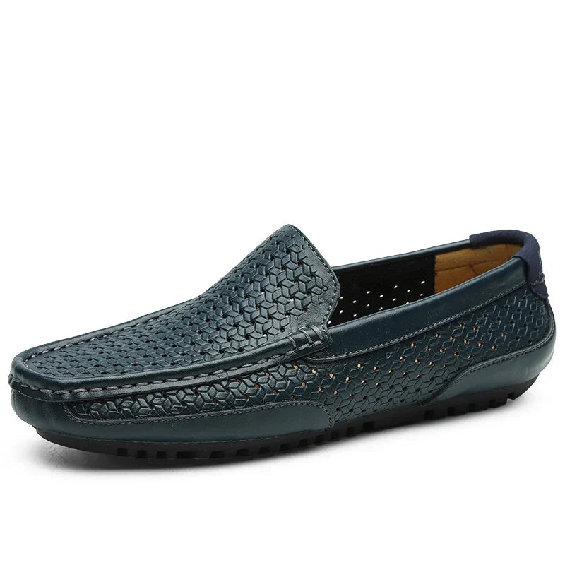 Yellow men's perforated slip-on loafers, casual & breathable design for warm weather.