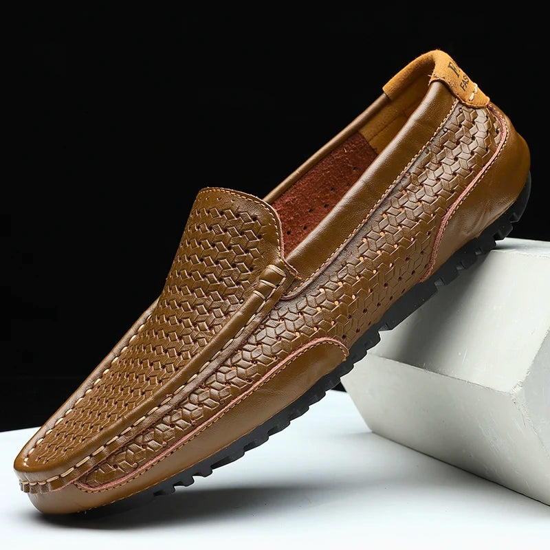 Khaki men's perforated slip-on loafers, comfortable slip-on shoes for casual everyday wear.