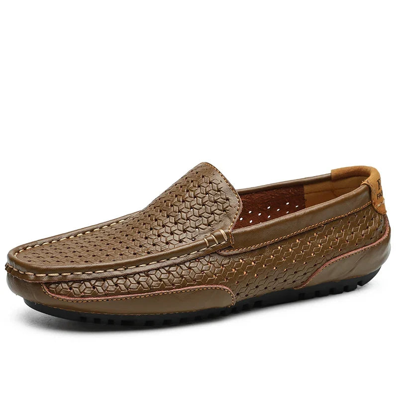 Stylish men's perforated slip-on loafers with breathable design, perfect casual footwear.
