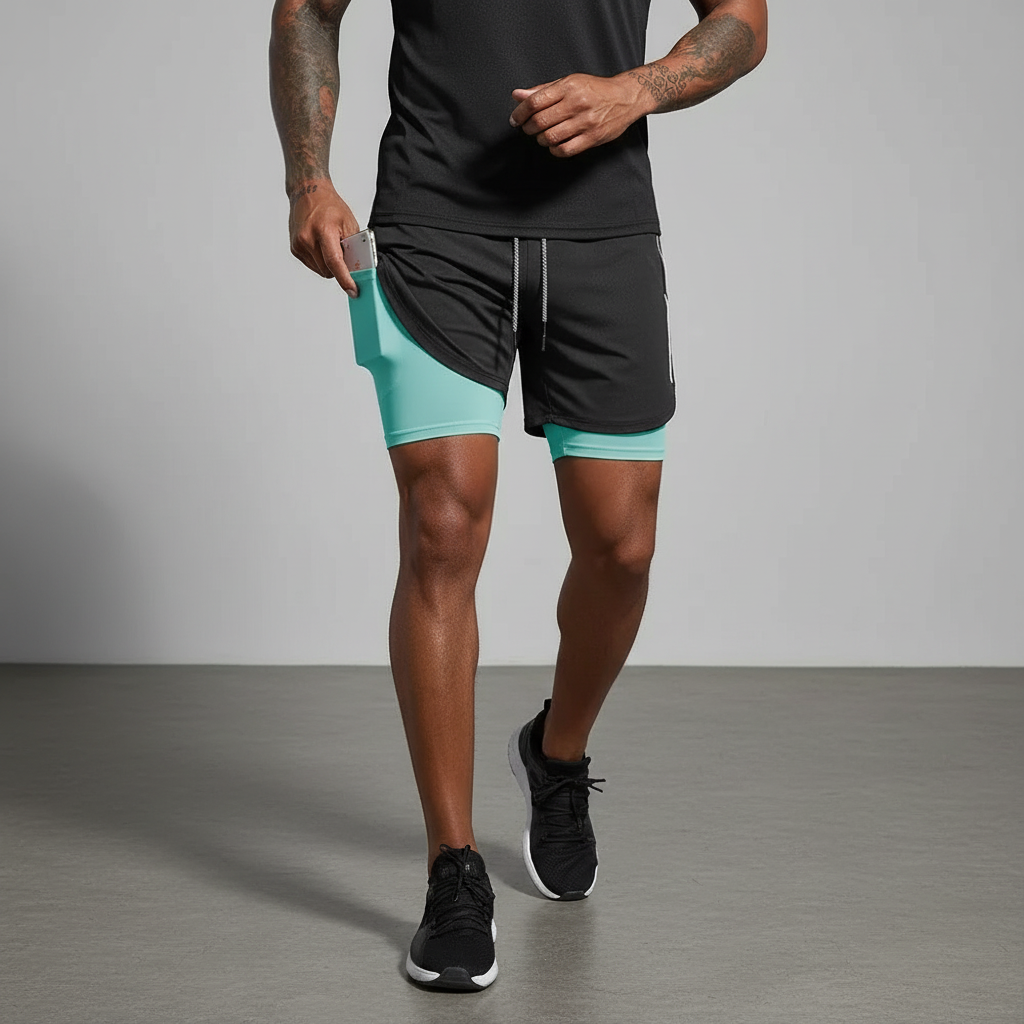 Men's Performance Double-Layer Running Shorts, RunVibeX, for optimal athletic training & workouts.