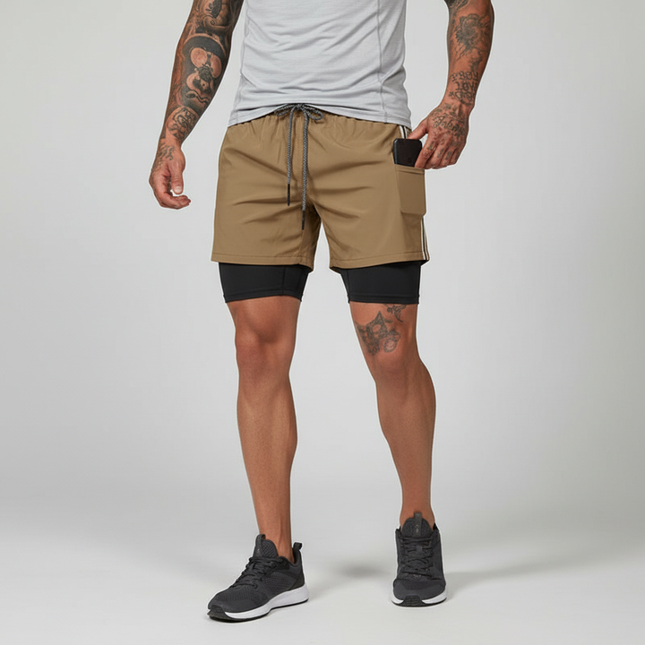Durable Men's Performance Double-Layer Running Shorts, built for intense athletic training and running activities.