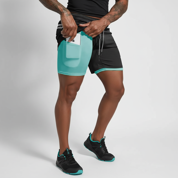 Athletic man running in Men's Double-Layer Performance Shorts, perfect for intense workouts & running.