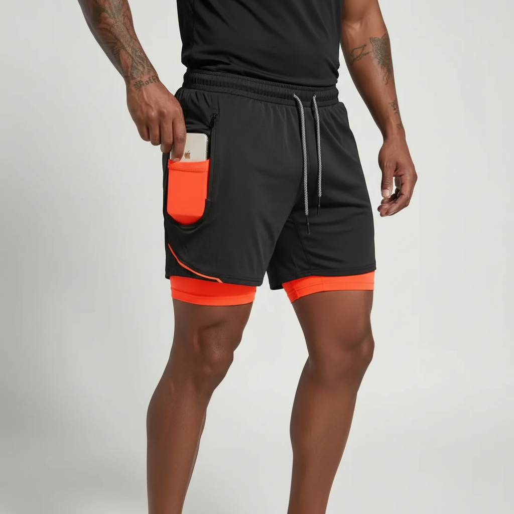 Side view of Men's Performance Double-Layer Running Shorts, showcasing design & flexibility for activewear.