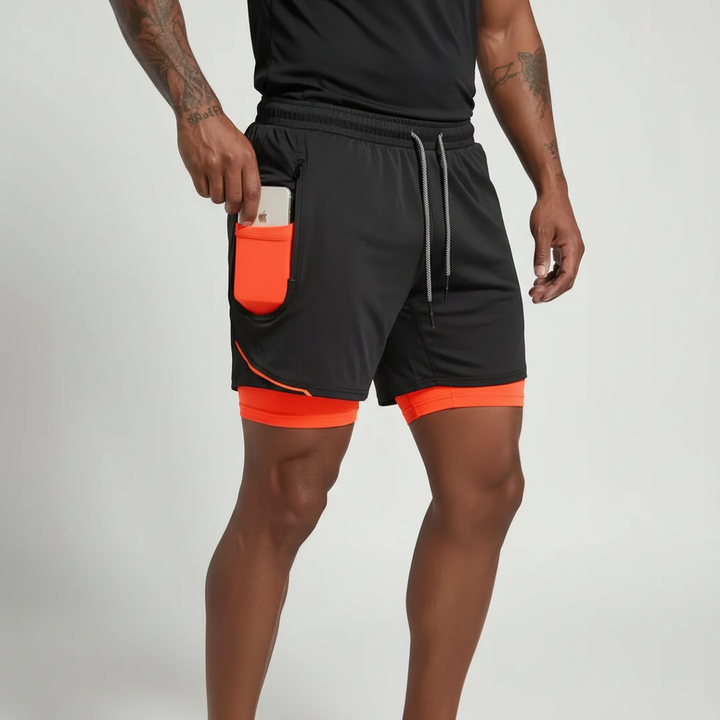 Side view of Men's Performance Double-Layer Running Shorts, showcasing design & flexibility for activewear.