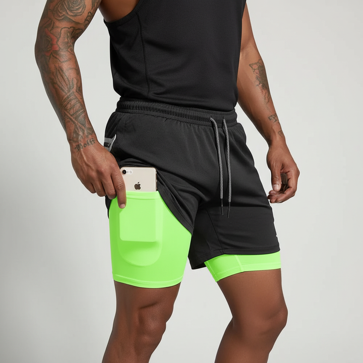 Close-up of fabric on Men's Performance Double-Layer Running Shorts, highlighting moisture-wicking activewear.