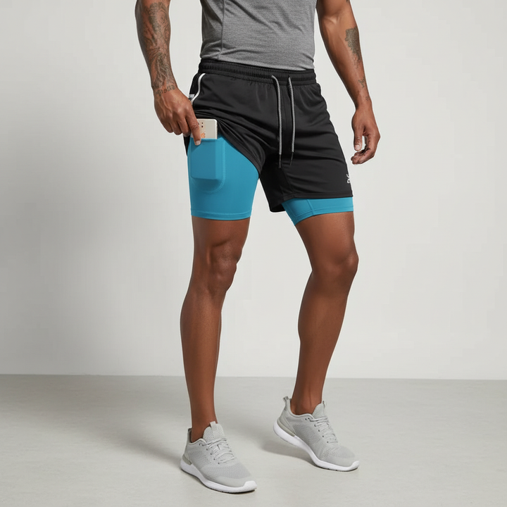 Back view: Men's Double-Layer Running Shorts with secure pocket, ideal for keys during workouts & training.