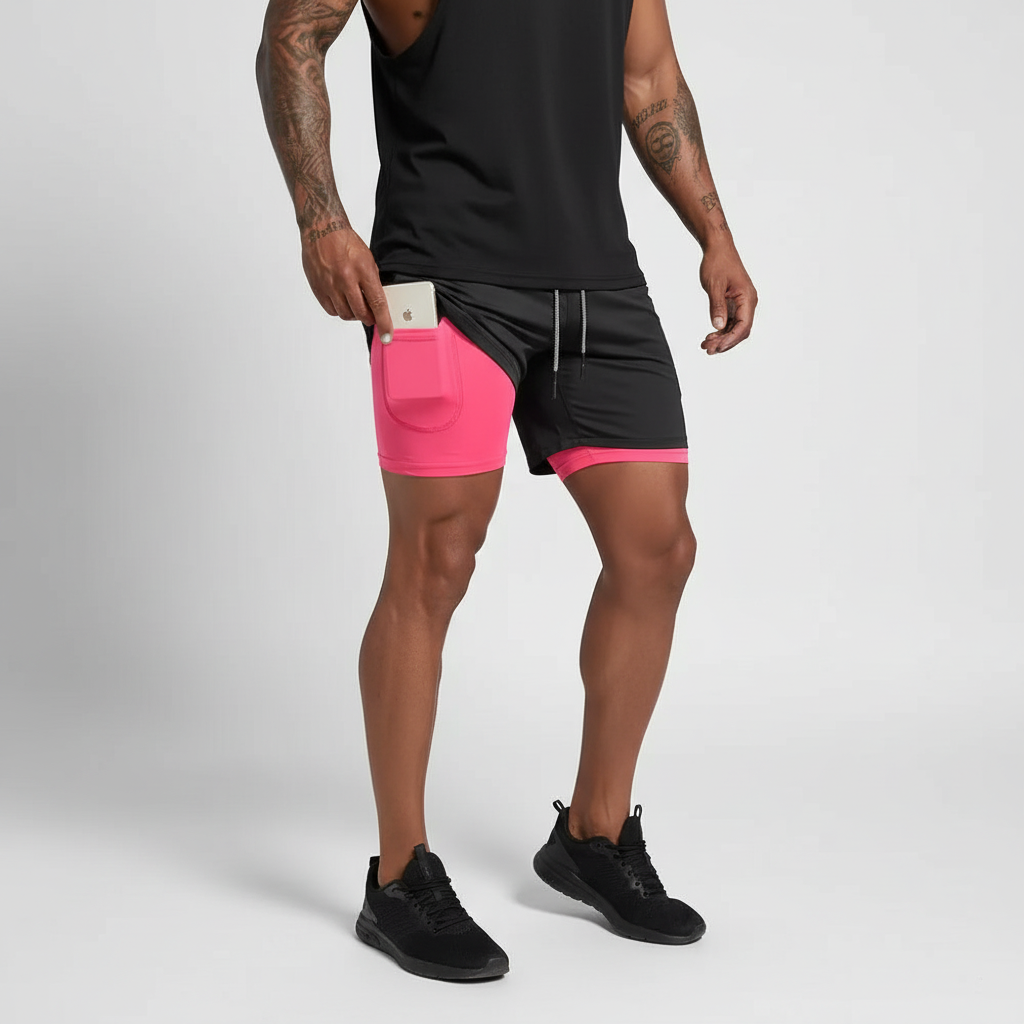 Front view: Men's Performance Double-Layer Running Shorts with elastic waistband, designed for active fitness.