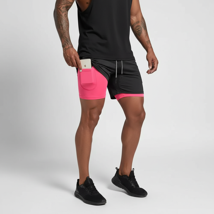 Front view: Men's Performance Double-Layer Running Shorts with elastic waistband, designed for active fitness.