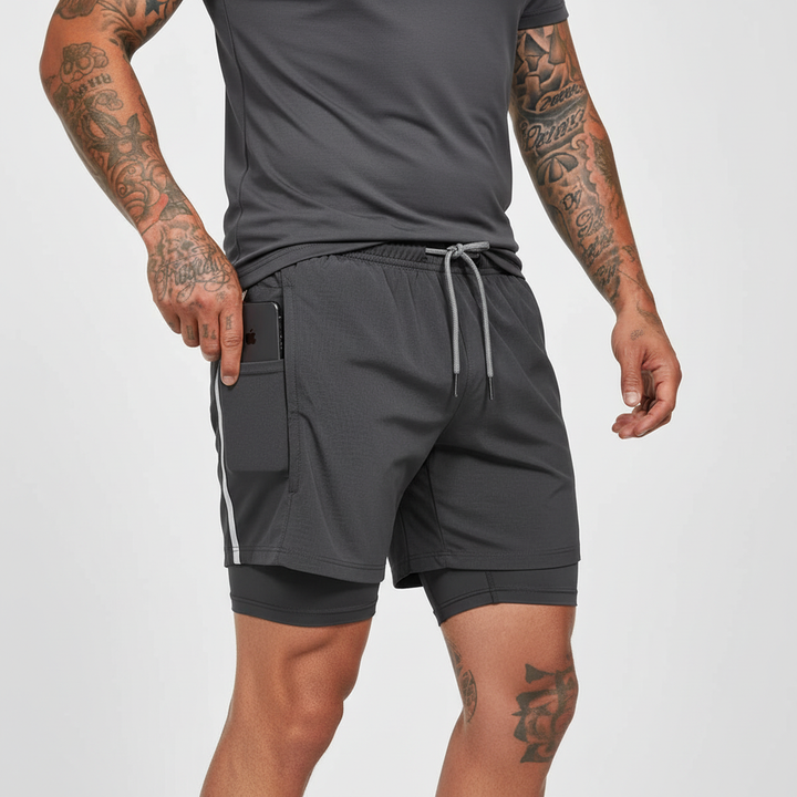Black Men's Performance Double-Layer Running Shorts, a versatile choice for gym workouts & running.
