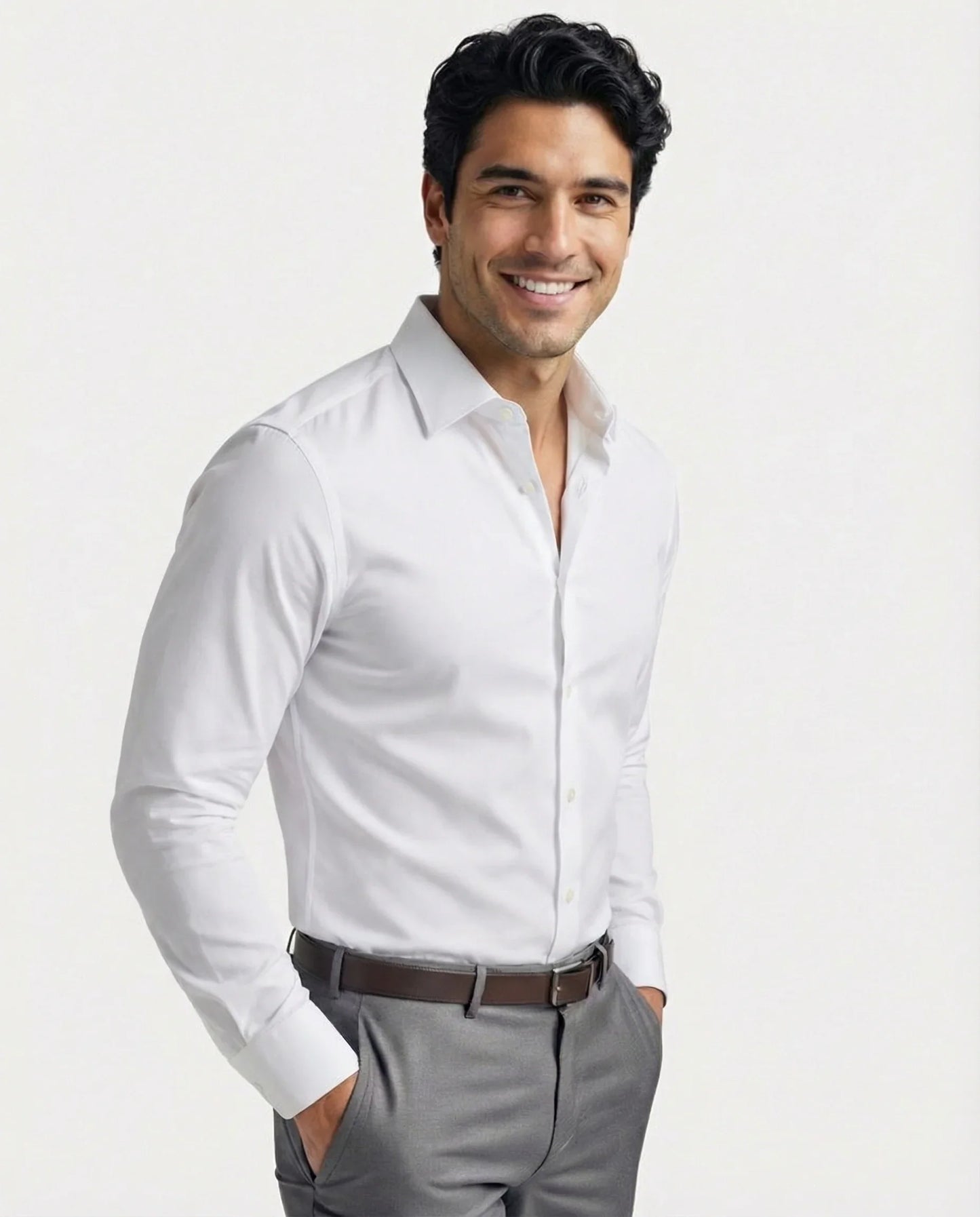 Men's performance dress shirt in white, engineered for all-day comfort & style.