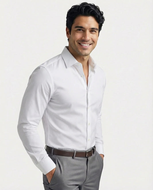 Men's performance dress shirt in white, engineered for all-day comfort & style.