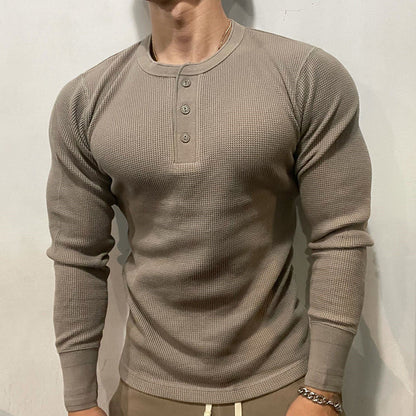 Breathable men's athletic Henley muscle shirt, offering ultimate comfort for gym workouts & casual wear.