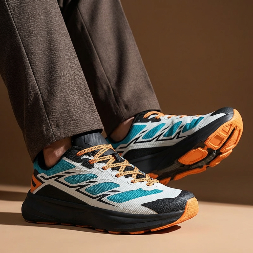 Men's performance running sneakers, black with white sole, designed for comfort & control.