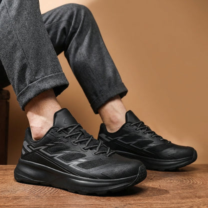 Breathable men's athletic running shoes with strong grip outsole for trail running.