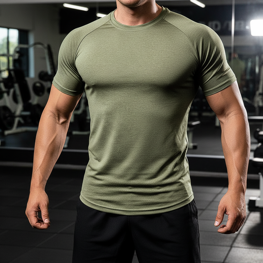 Men's performance short sleeve training shirt for gym, workout, running. Moisture-wicking activewear.