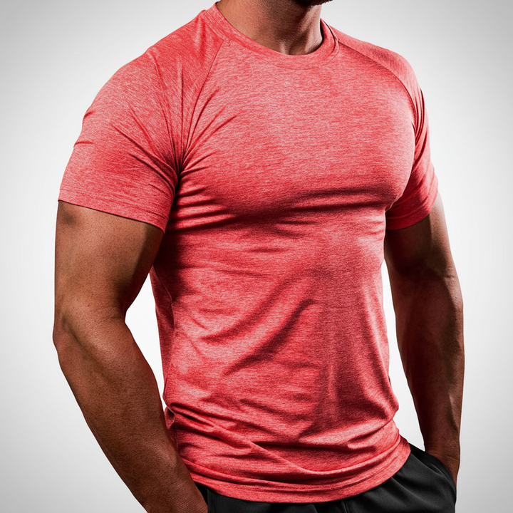 Athletic men's training shirt, short sleeve, moisture-wicking, breathable for active lifestyle.