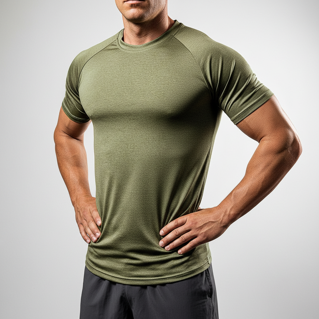Athletic men's short sleeve shirt, breathable polyester for fitness & sports. Odor control top.