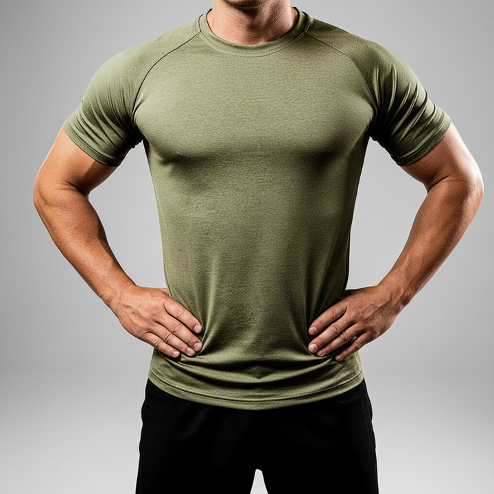Performance men's workout shirt, short sleeve, breathable for optimal athletic training.