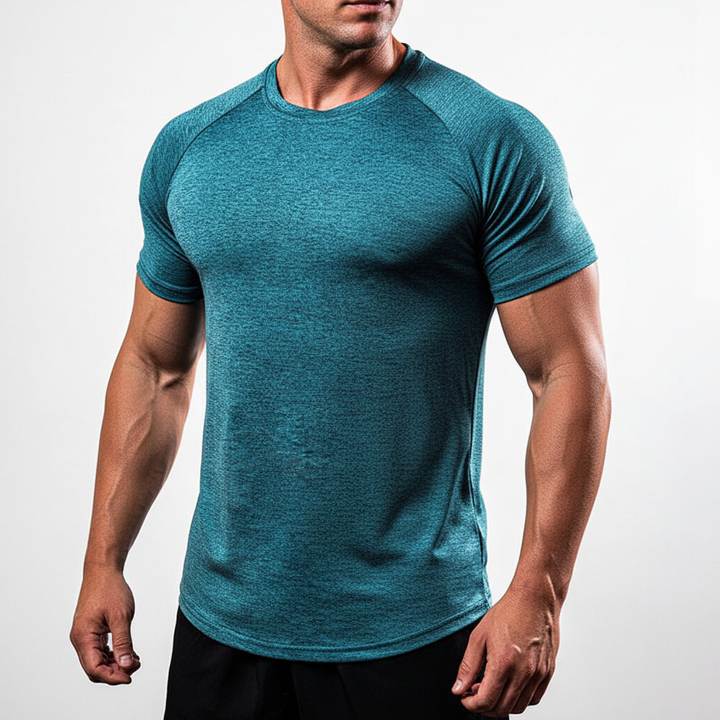 Men's fitness short sleeve top, quick-dry polyester, ideal for gym, running & active sports.