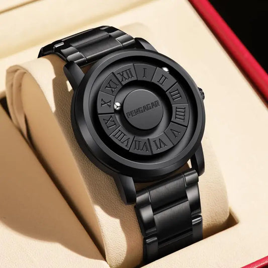 Men's Phantom Geomagnetic watch featuring a unique rotating dial, stainless steel case, and modern design.