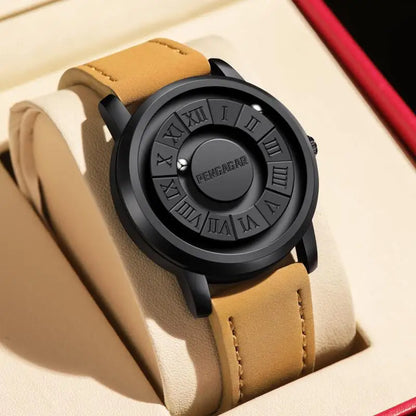 Modern men's watch: stainless steel case, black leather band, and unique rotating geomagnetic dial.