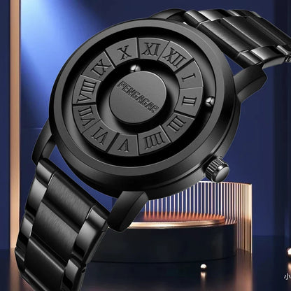 Unique men's quartz watch, Phantom Geomagnetic model, with an innovative rotating dial and comfortable leather strap.