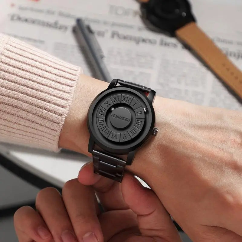 Stylish men's fashion accessory: Phantom Geomagnetic watch with a distinctive rotating dial and sleek stainless steel.