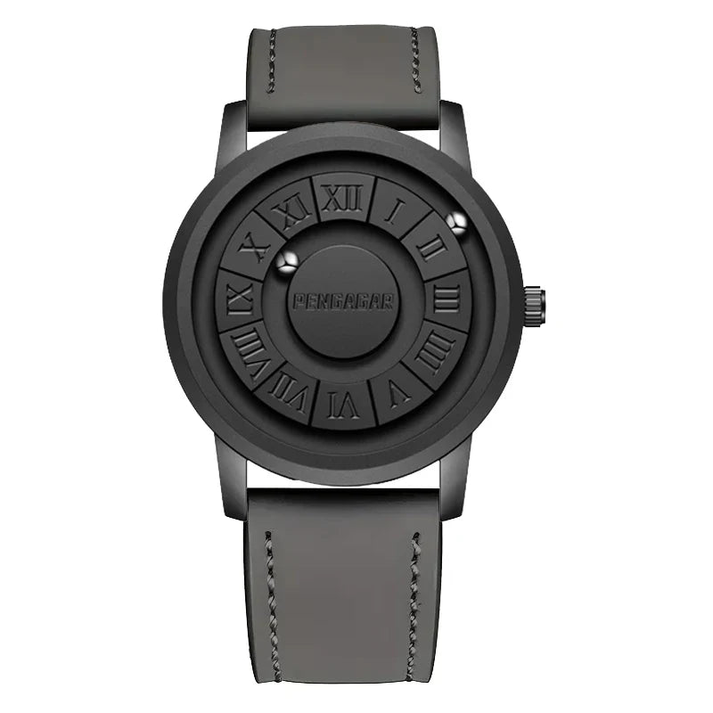 Men's modern quartz watch: stainless steel Phantom Geomagnetic model with a unique rotating dial and stylish leather strap.
