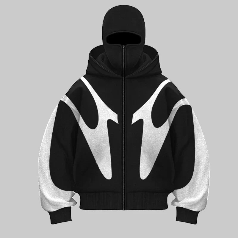 Urban street style: Men's full-face Phantom Shield Balaclava Hoodie in stealth black for casual comfort & warmth.
