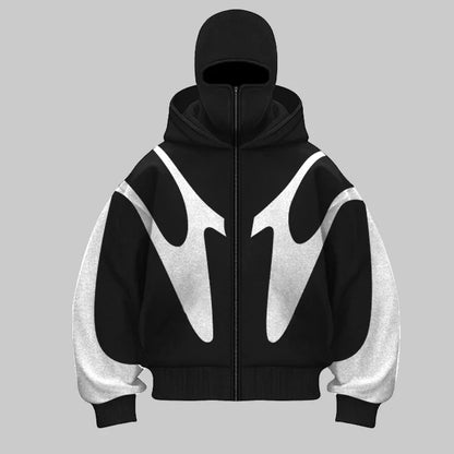 Urban street style: Men's full-face Phantom Shield Balaclava Hoodie in stealth black for casual comfort & warmth.