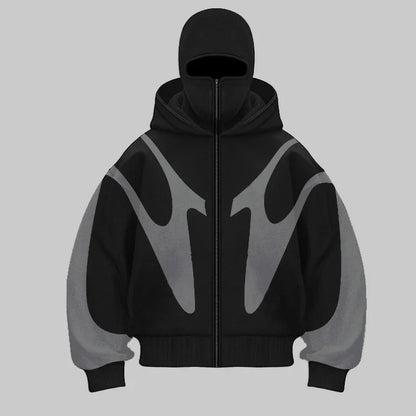 Detail shot: Men's Phantom Shield Balaclava Hoodie, showing spliced design, full-face balaclava, and warm fabric.