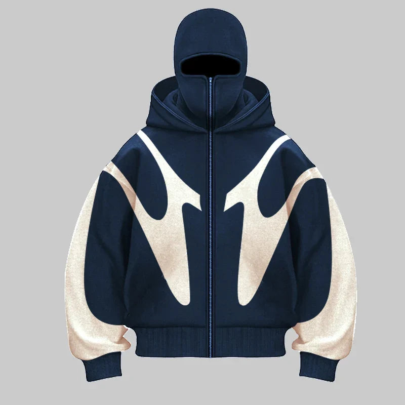 Sleek men's Phantom Shield Balaclava Hoodie. Full-face stealth style outerwear, perfect for casual street fashion.