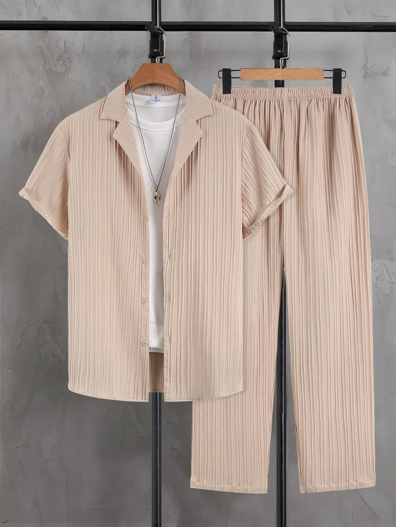 Men's relaxed fit pleated lounge set with wide-leg pants & comfortable top, soft knit two-piece.