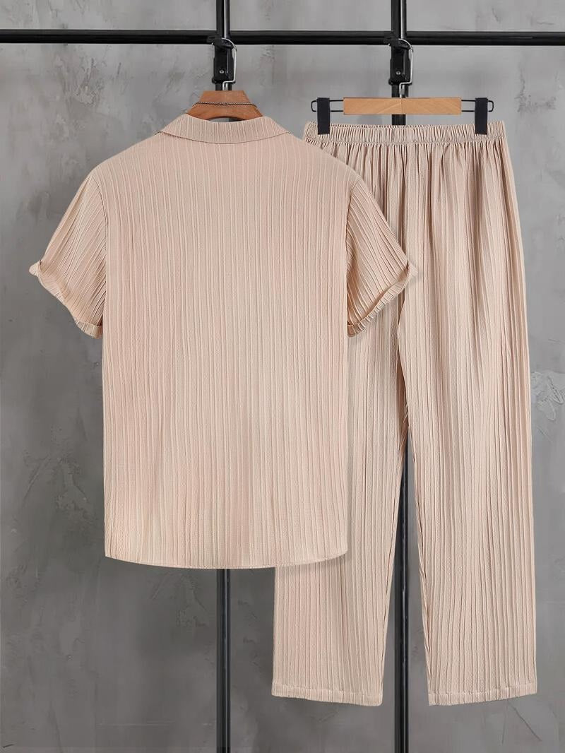 Soft knit men's pleated lounge set, a two-piece relaxed fit for superior comfort and stylish casual wear.