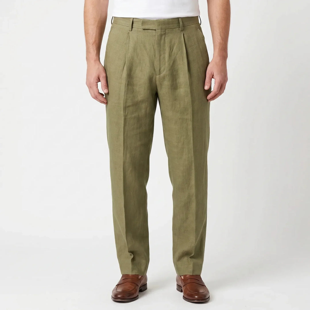 Straight leg men's pleated trousers, an ankle-length smart casual option for summer.