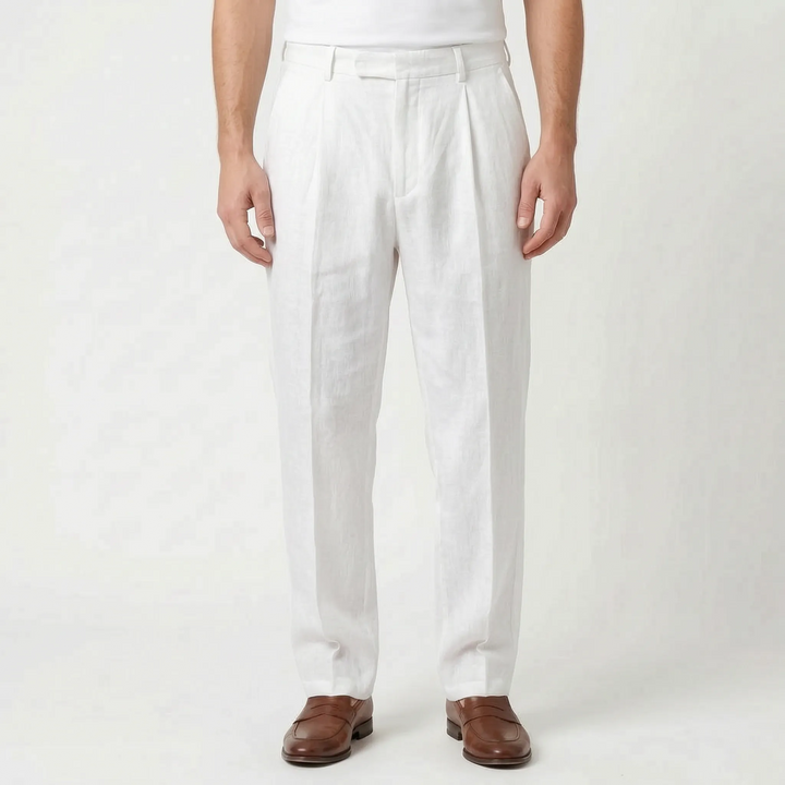 Relaxed fit men's pleated trousers, comfortable straight leg pants for summer fashion.