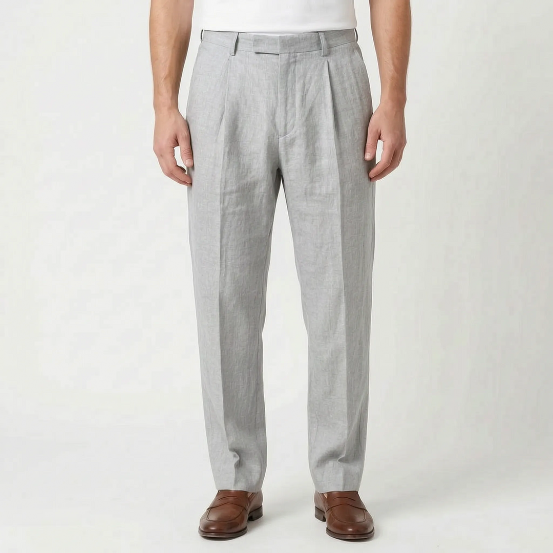 Stylish men's smart casual pleated trousers, straight leg and ankle length for warm weather.