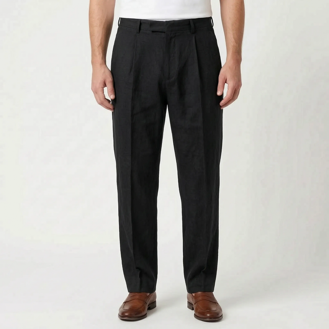 Modern men's pleated pants, comfortable for warm weather, perfect smart casual summer attire.