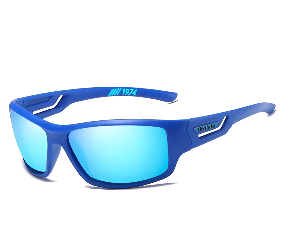 Man wearing polarized UV400 fishing glasses for clear anti-glare vision during outdoor sports & tactical activities.