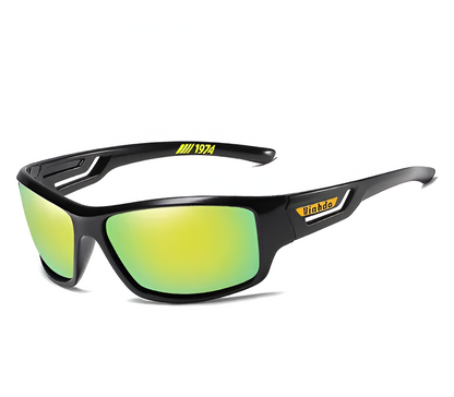 Close-up of black men's polarized military sunglasses. Polycarbonate lenses offer durable UV400 anti-glare protection.