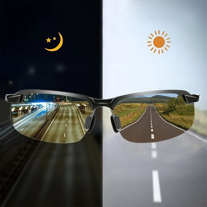Men's polarized photochromic sunglasses with adaptive UV protection lenses, ideal for outdoor sports and driving.